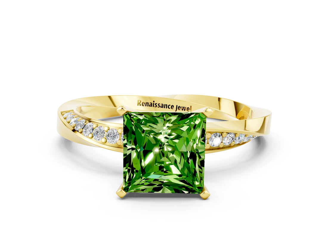 Yellow gold Princess Cut Peridot Engagement Ring with Side Stone Accents and Four-Prong Setting_60