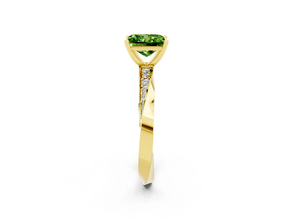 Yellow gold Princess Cut Peridot Engagement Ring with Side Stone Accents and Four-Prong Setting