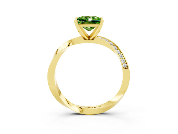 Yellow gold Princess Cut Peridot Engagement Ring with Side Stone Accents and Four-Prong Setting