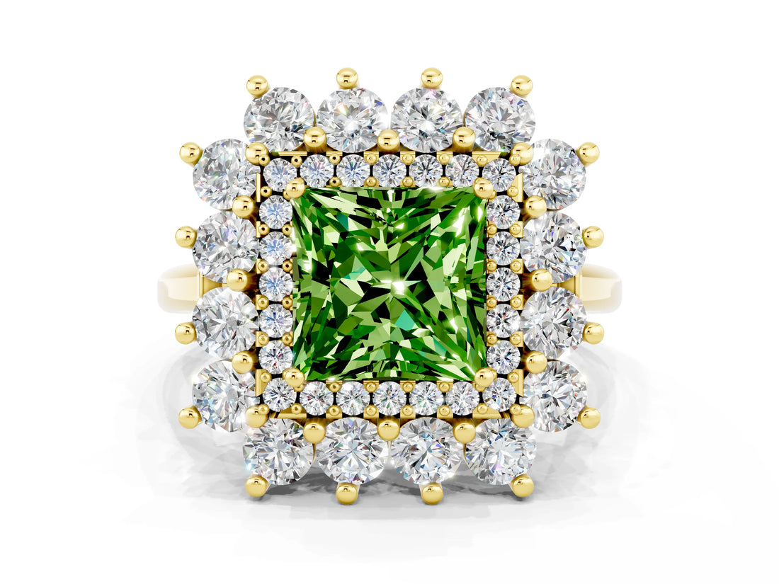 Yellow gold Princess Cut Peridot Floral Double Halo Engagement Ring with Prong Setting_72
