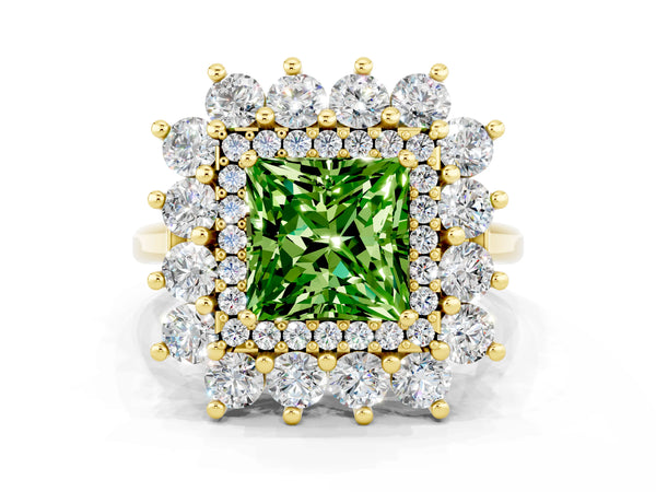 Yellow gold Princess Cut Peridot Floral Double Halo Engagement Ring with Prong Setting