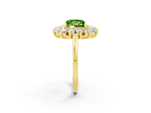 Yellow gold Princess Cut Peridot Floral Double Halo Engagement Ring with Prong Setting