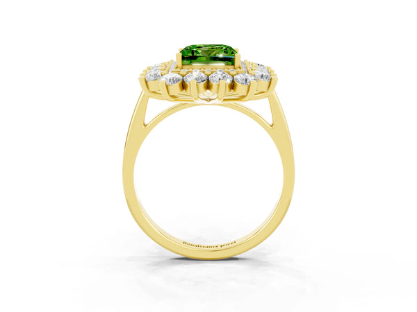 Yellow gold Princess Cut Peridot Floral Double Halo Engagement Ring with Prong Setting