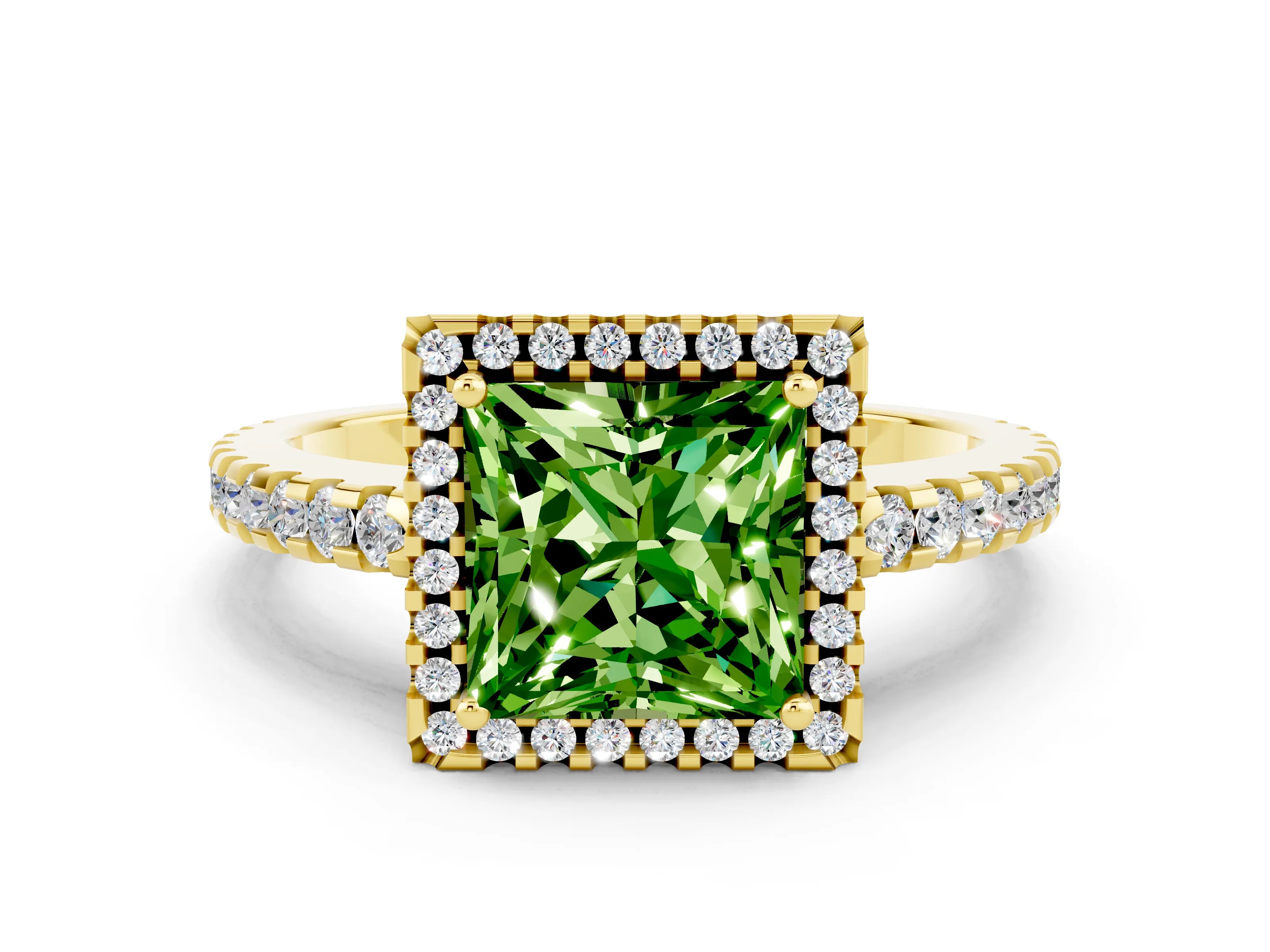 Yellow gold Princess Cut Peridot Halo Engagement Ring with Pavé Band and Prong Setting_12