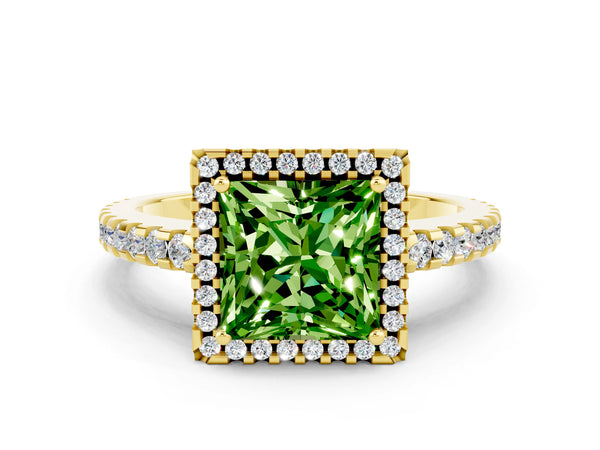 Yellow gold Princess Cut Peridot Halo Engagement Ring with Pavé Band and Prong Setting