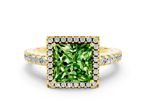 Yellow gold Princess Cut Peridot Halo Engagement Ring with Pavé Band and Prong Setting_12