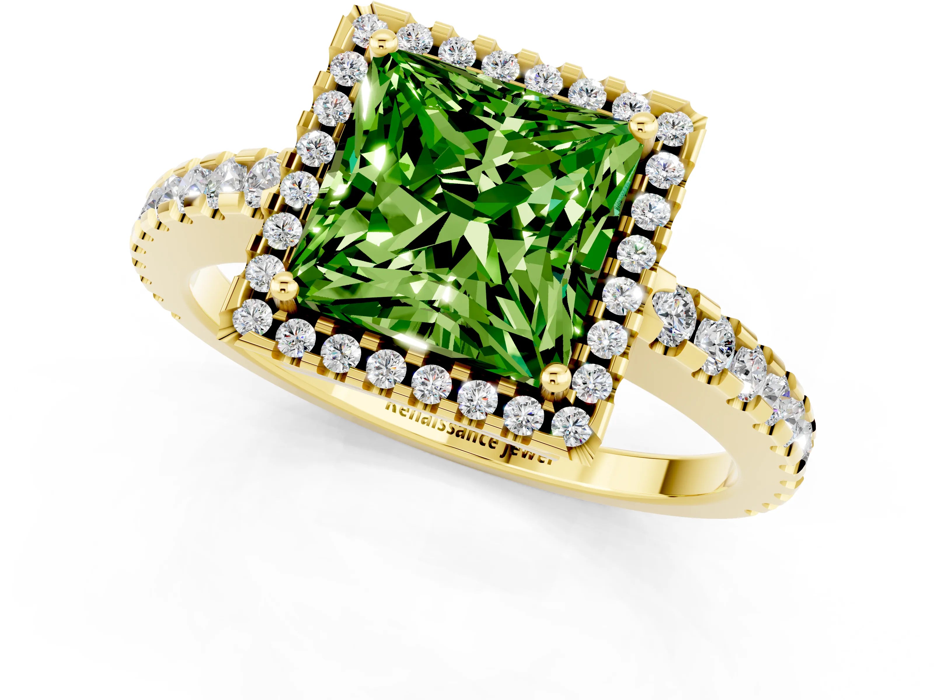Yellow gold Princess Cut Peridot Halo Engagement Ring with Pavé Band and Prong Setting_13