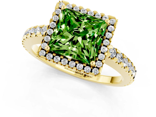 Yellow gold Princess Cut Peridot Halo Engagement Ring with Pavé Band and Prong Setting