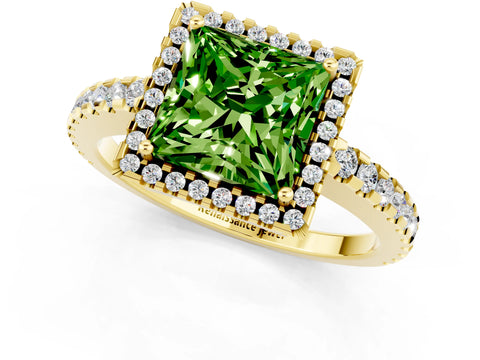 Yellow gold Princess Cut Peridot Halo Engagement Ring with Pavé Band and Prong Setting_13