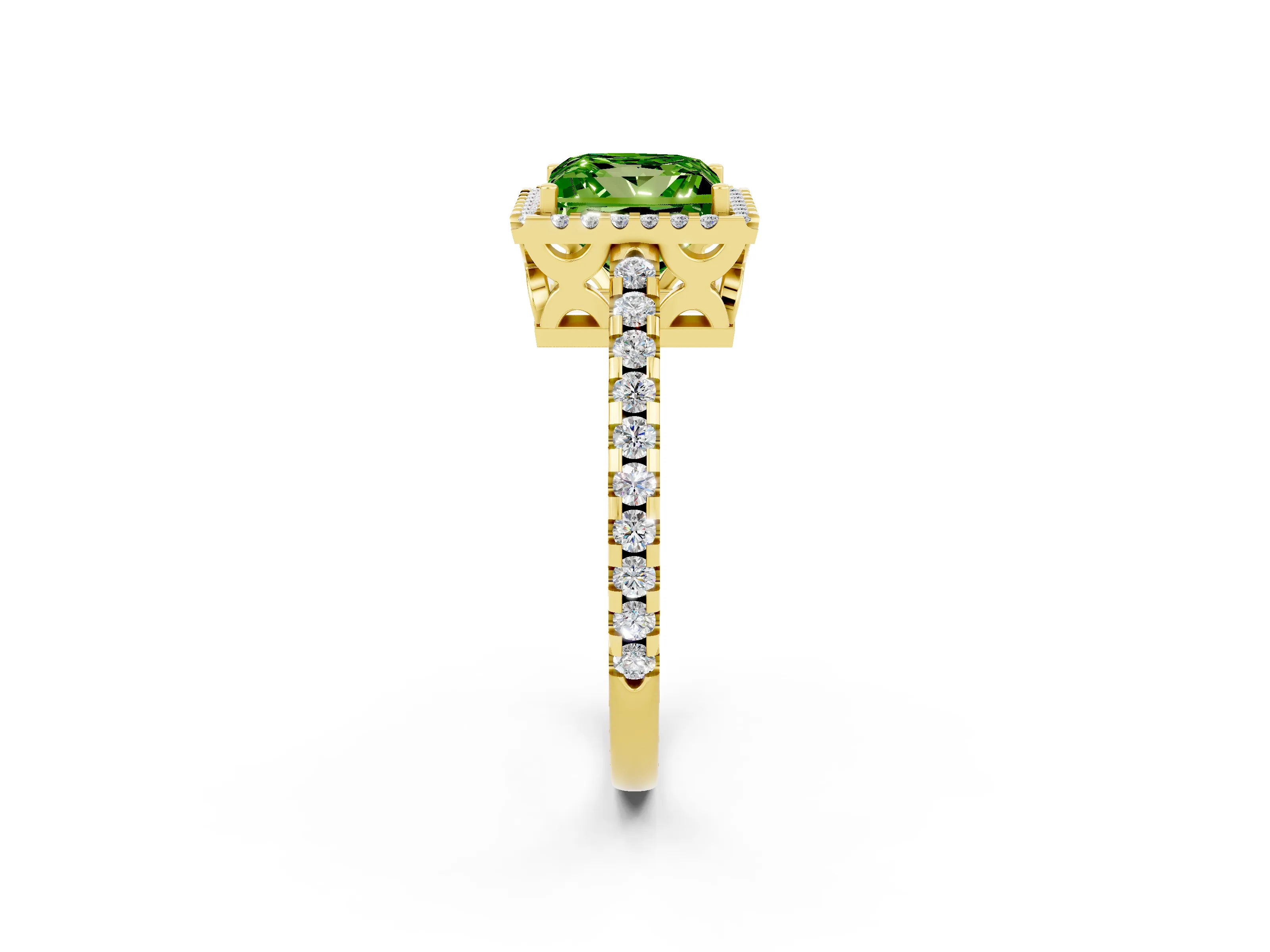 Yellow gold Princess Cut Peridot Halo Engagement Ring with Pavé Band and Prong Setting_14