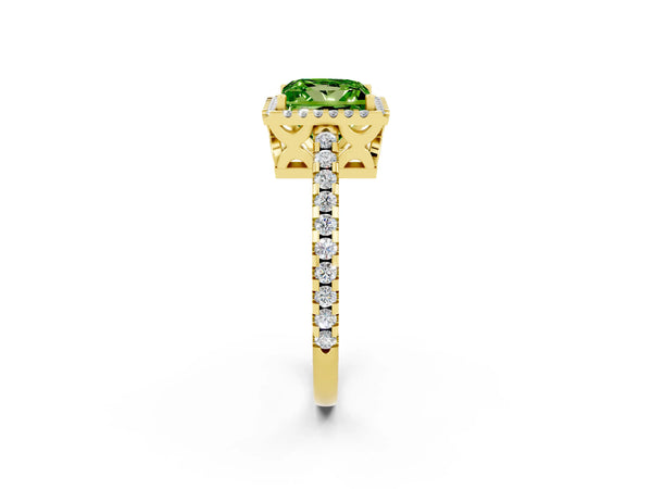 Yellow gold Princess Cut Peridot Halo Engagement Ring with Pavé Band and Prong Setting