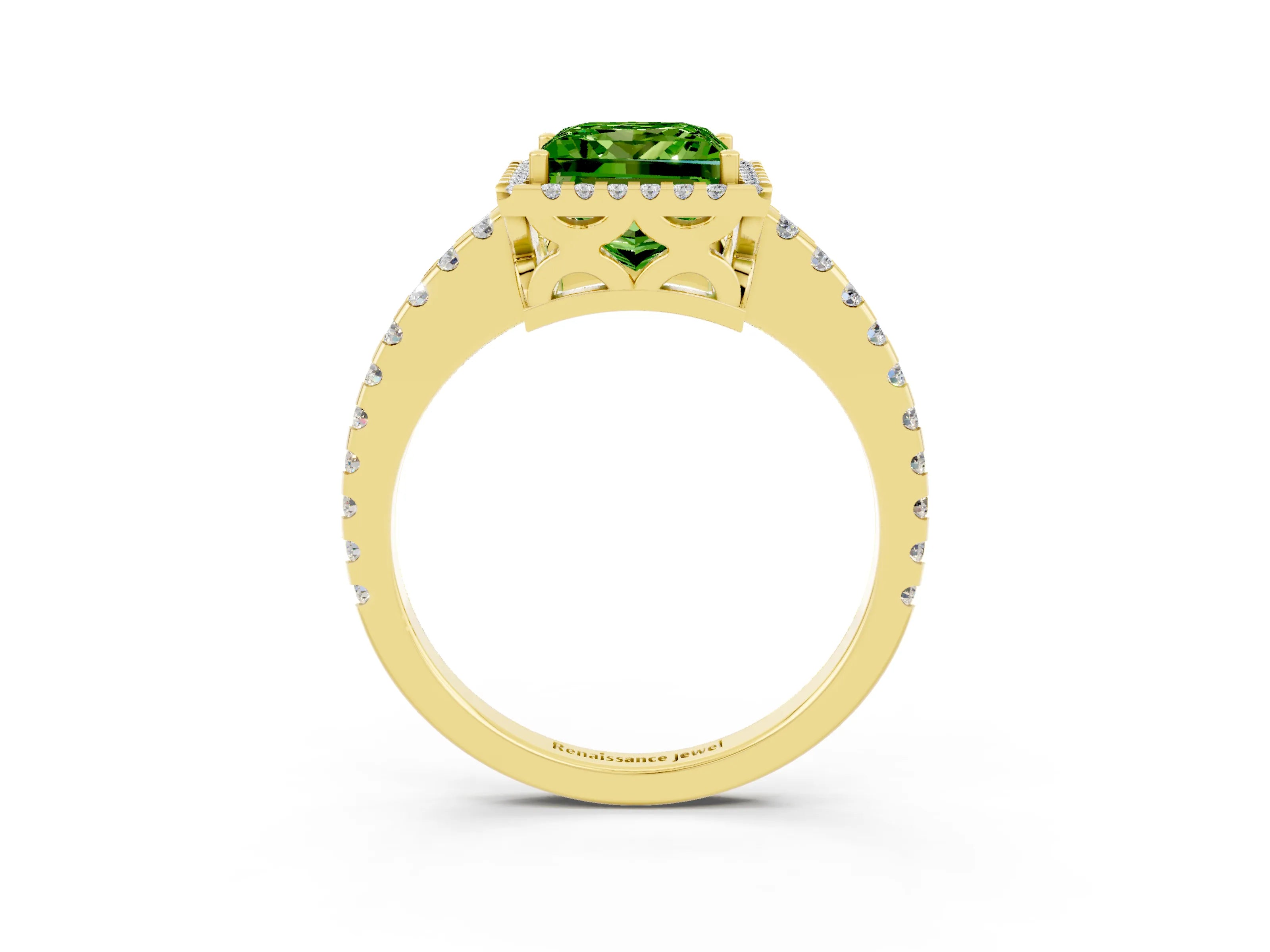 Yellow gold Princess Cut Peridot Halo Engagement Ring with Pavé Band and Prong Setting_15