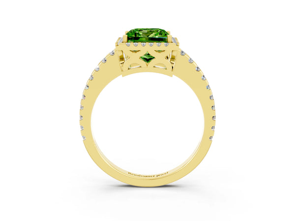Yellow gold Princess Cut Peridot Halo Engagement Ring with Pavé Band and Prong Setting