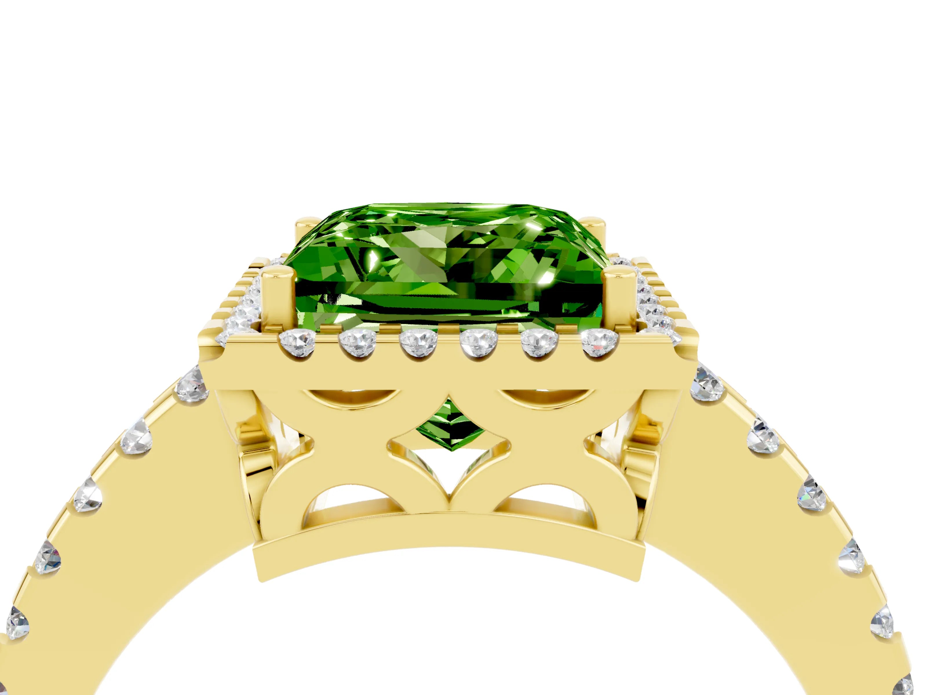 Yellow gold Princess Cut Peridot Halo Engagement Ring with Pavé Band and Prong Setting_16