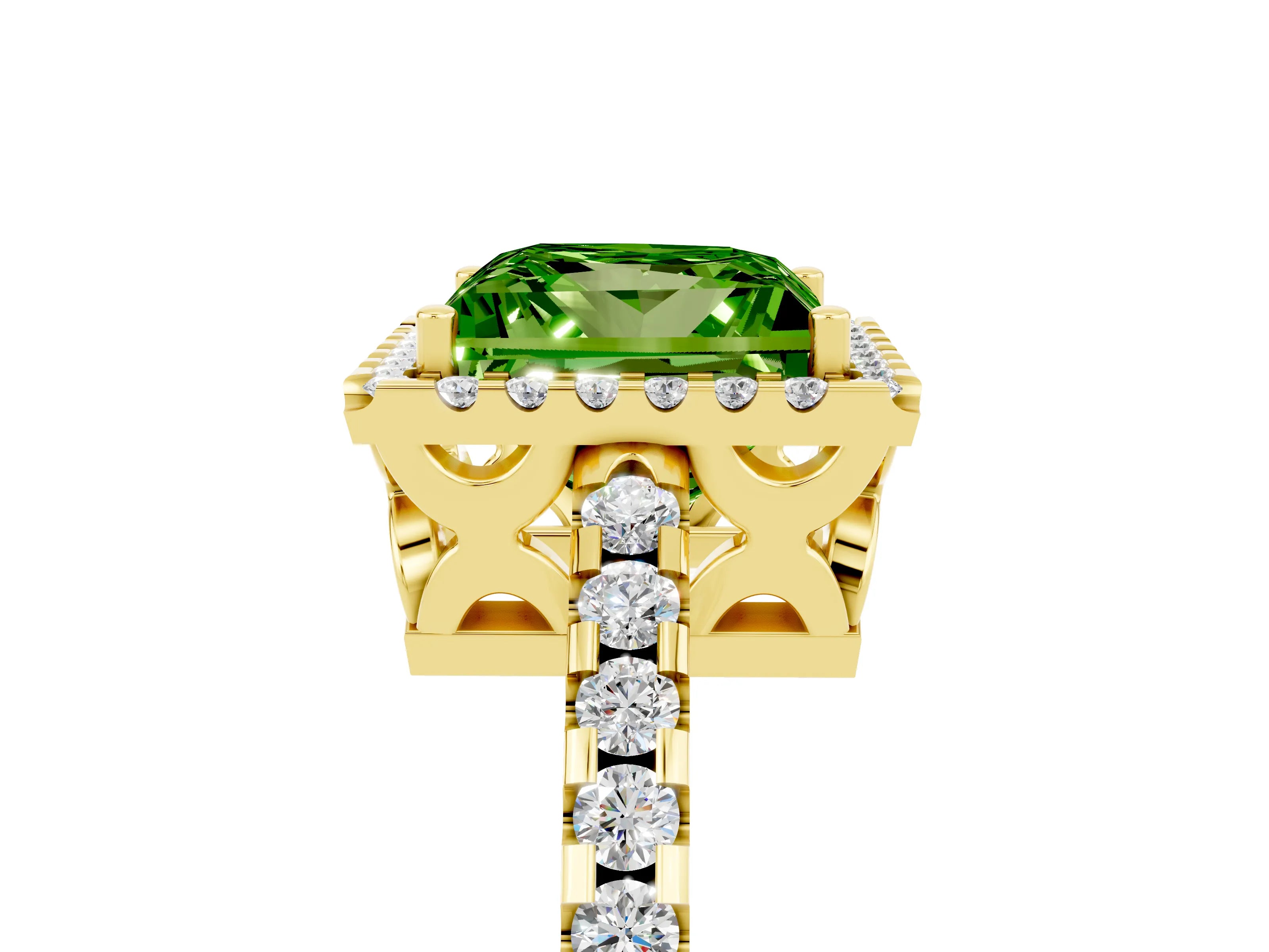 Yellow gold Princess Cut Peridot Halo Engagement Ring with Pavé Band and Prong Setting_17