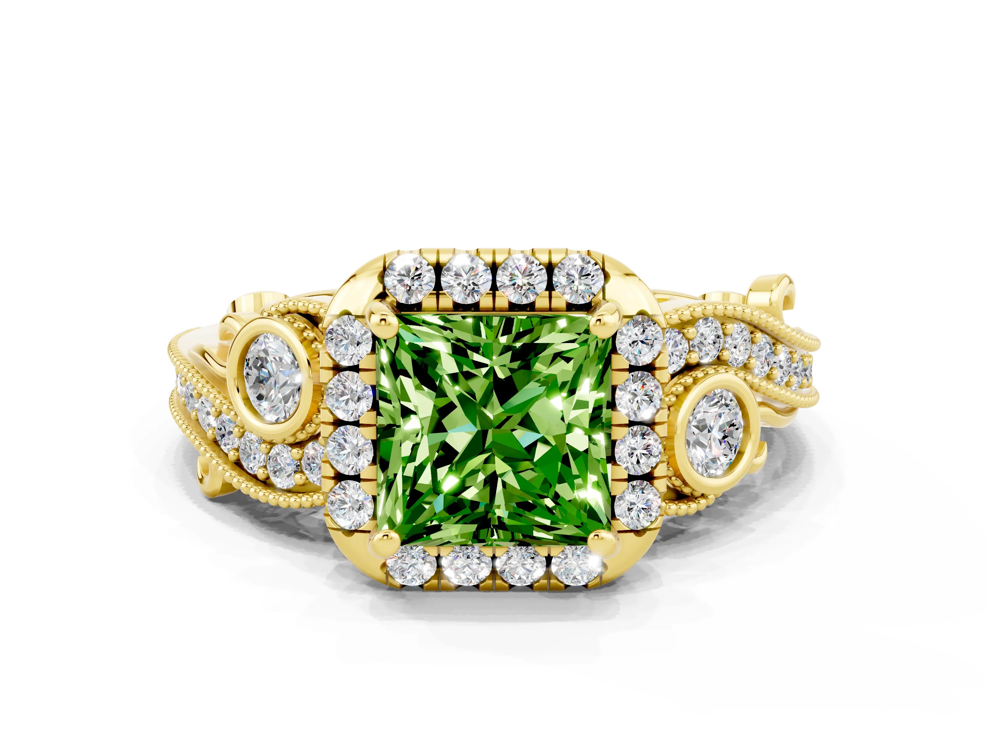 Yellow gold Princess Cut Peridot Halo Ring with Milgrain Pavé Band and Four-Prong Setting_12