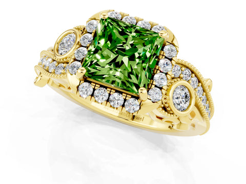Yellow gold Princess Cut Peridot Halo Ring with Milgrain Pavé Band and Four-Prong Setting_13