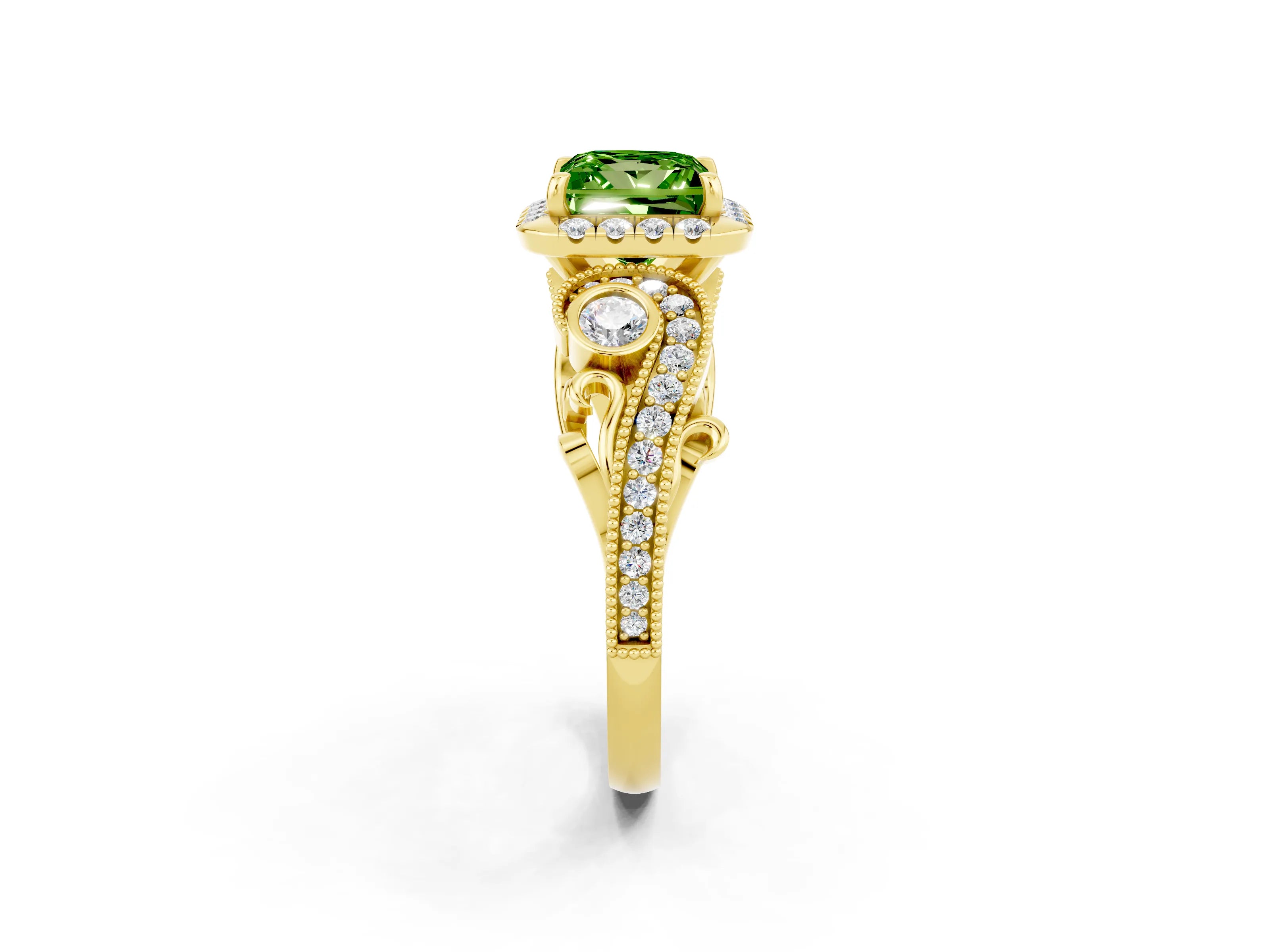 Yellow gold Princess Cut Peridot Halo Ring with Milgrain Pavé Band and Four-Prong Setting_14