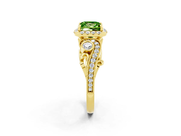 Yellow gold Princess Cut Peridot Halo Ring with Milgrain Pavé Band and Four-Prong Setting