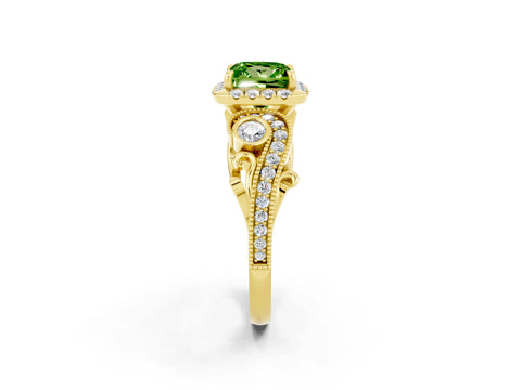 Yellow gold Princess Cut Peridot Halo Ring with Milgrain Pavé Band and Four-Prong Setting_14
