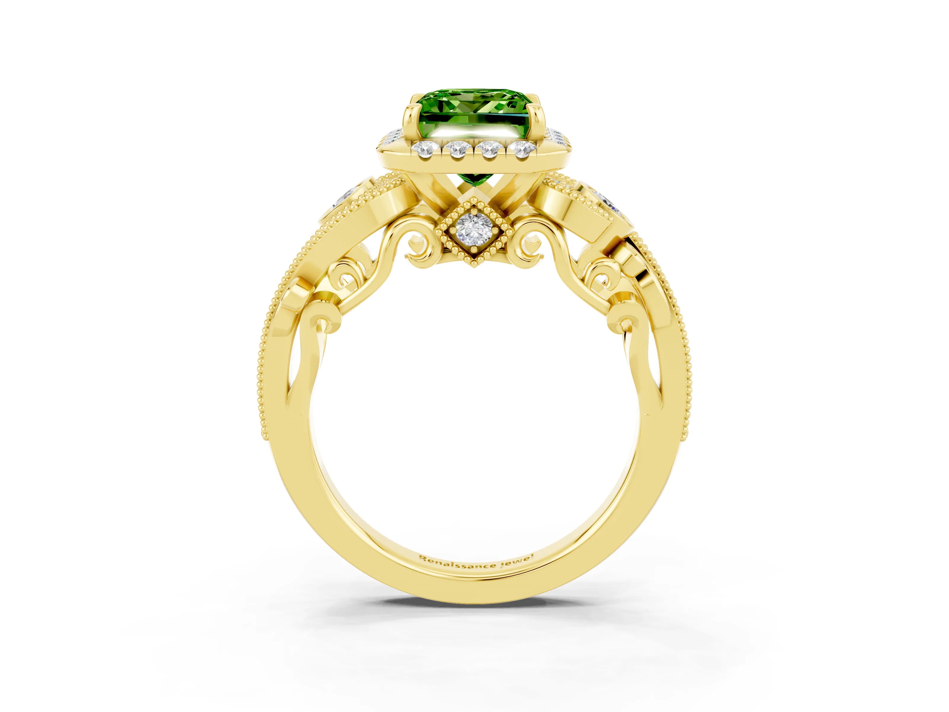 Yellow gold Princess Cut Peridot Halo Ring with Milgrain Pavé Band and Four-Prong Setting_15