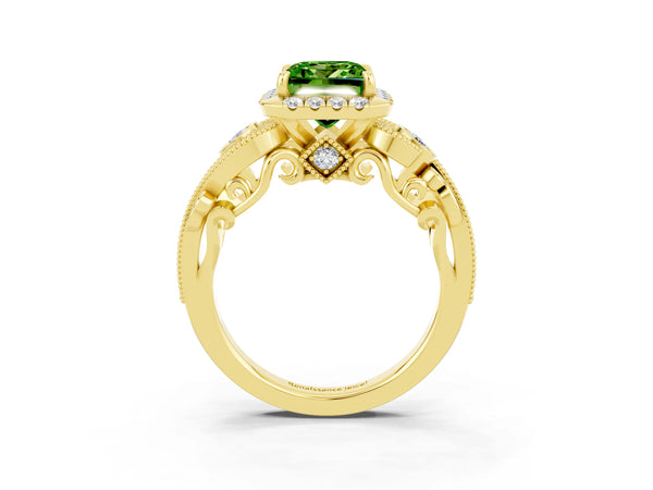 Yellow gold Princess Cut Peridot Halo Ring with Milgrain Pavé Band and Four-Prong Setting