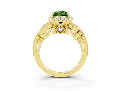 Yellow gold Princess Cut Peridot Halo Ring with Milgrain Pavé Band and Four-Prong Setting_15