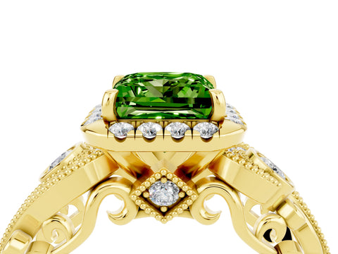 Yellow gold Princess Cut Peridot Halo Ring with Milgrain Pavé Band and Four-Prong Setting_16