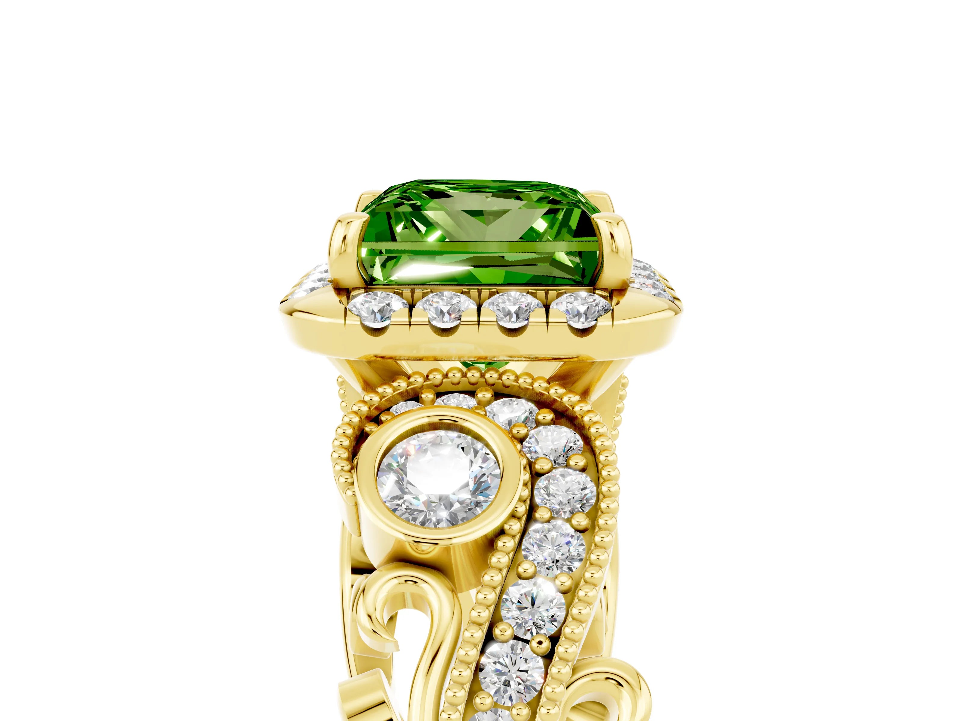 Yellow gold Princess Cut Peridot Halo Ring with Milgrain Pavé Band and Four-Prong Setting_17
