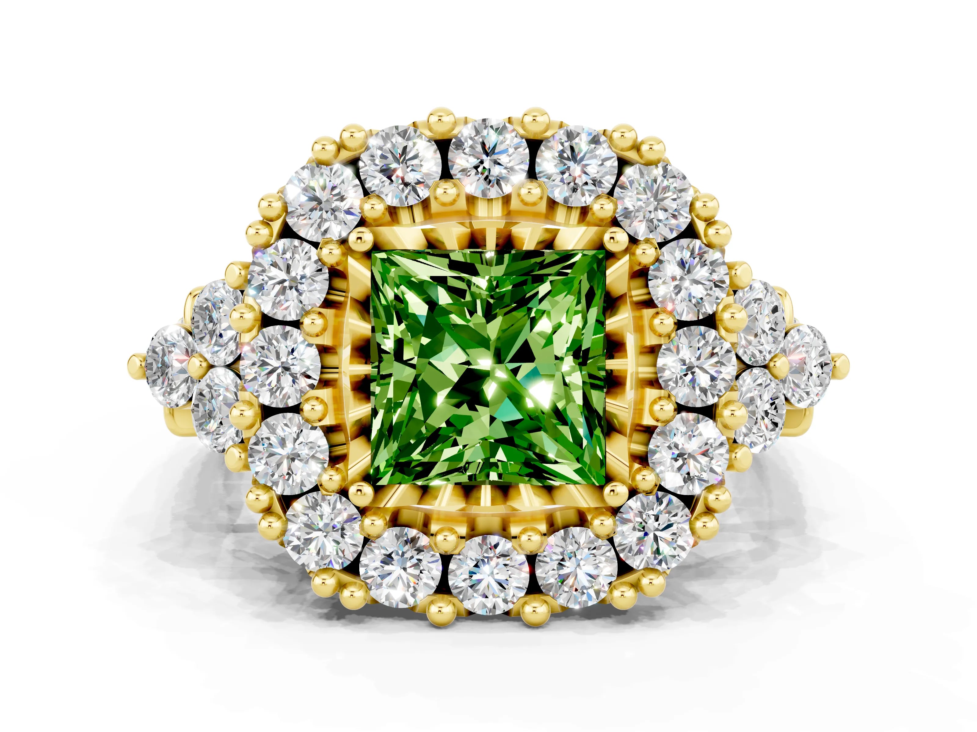 Yellow gold Princess Cut Peridot Halo Ring with Pavé Band and Four-Prong Setting_12