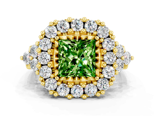 Yellow gold Princess Cut Peridot Halo Ring with Pavé Band and Four-Prong Setting