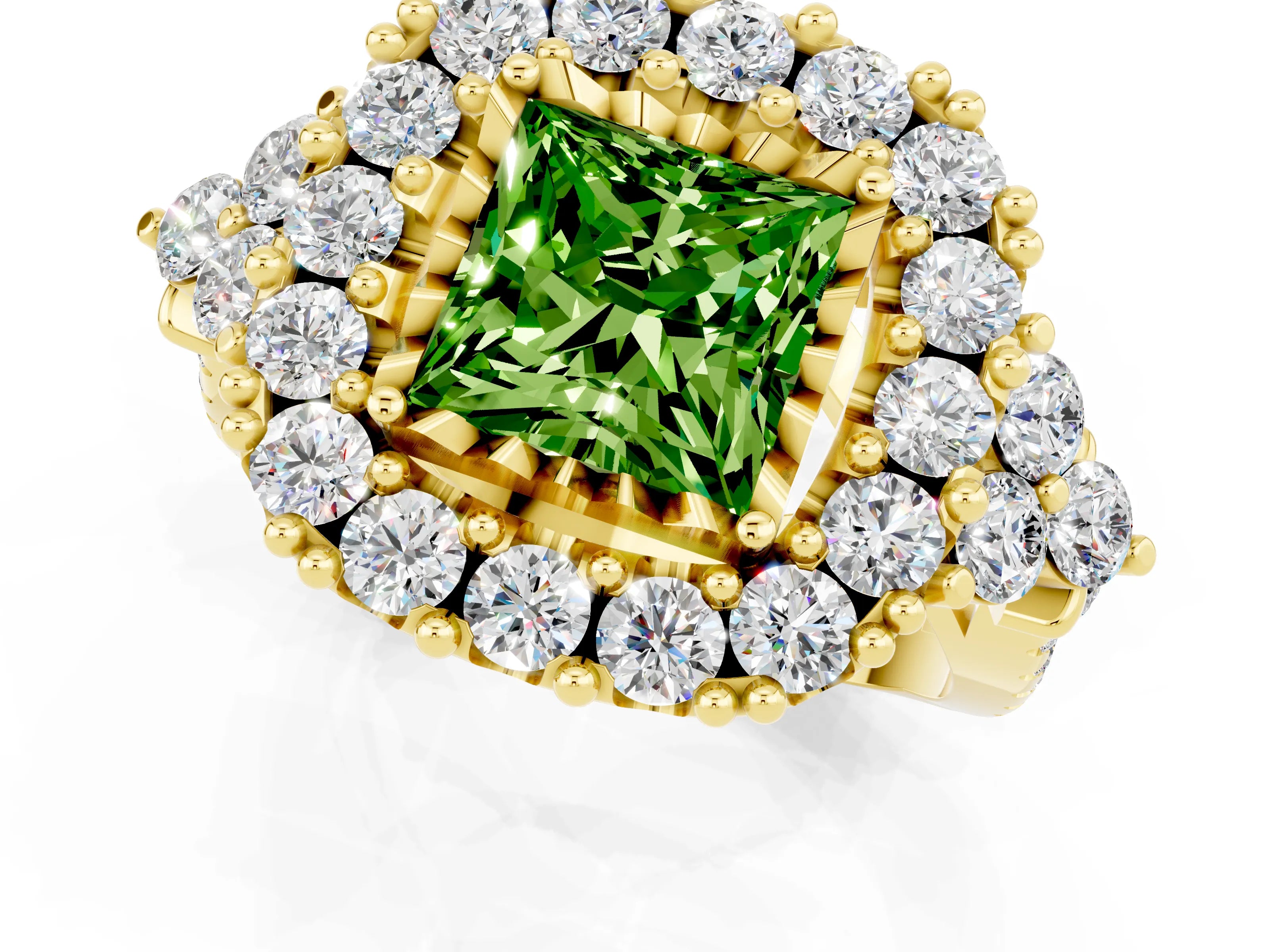 Yellow gold Princess Cut Peridot Halo Ring with Pavé Band and Four-Prong Setting_13