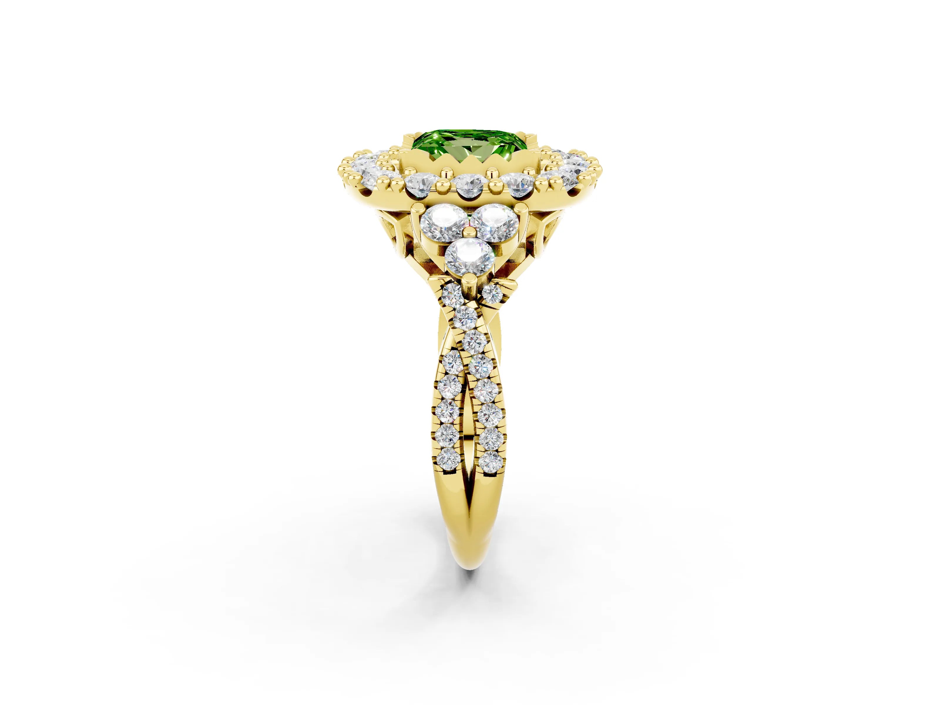 Yellow gold Princess Cut Peridot Halo Ring with Pavé Band and Four-Prong Setting_14