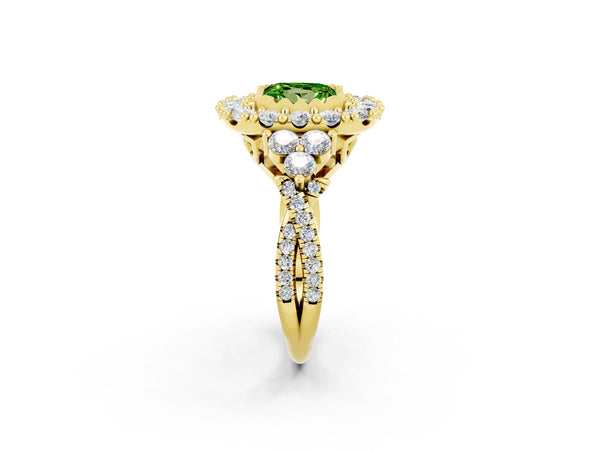 Yellow gold Princess Cut Peridot Halo Ring with Pavé Band and Four-Prong Setting