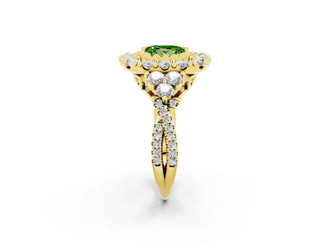 Yellow gold Princess Cut Peridot Halo Ring with Pavé Band and Four-Prong Setting_14