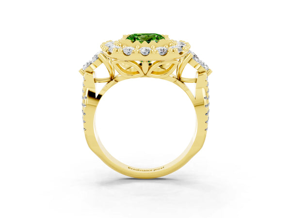 Yellow gold Princess Cut Peridot Halo Ring with Pavé Band and Four-Prong Setting