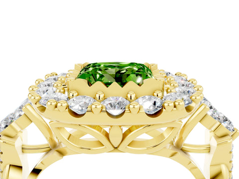 Yellow gold Princess Cut Peridot Halo Ring with Pavé Band and Four-Prong Setting_16