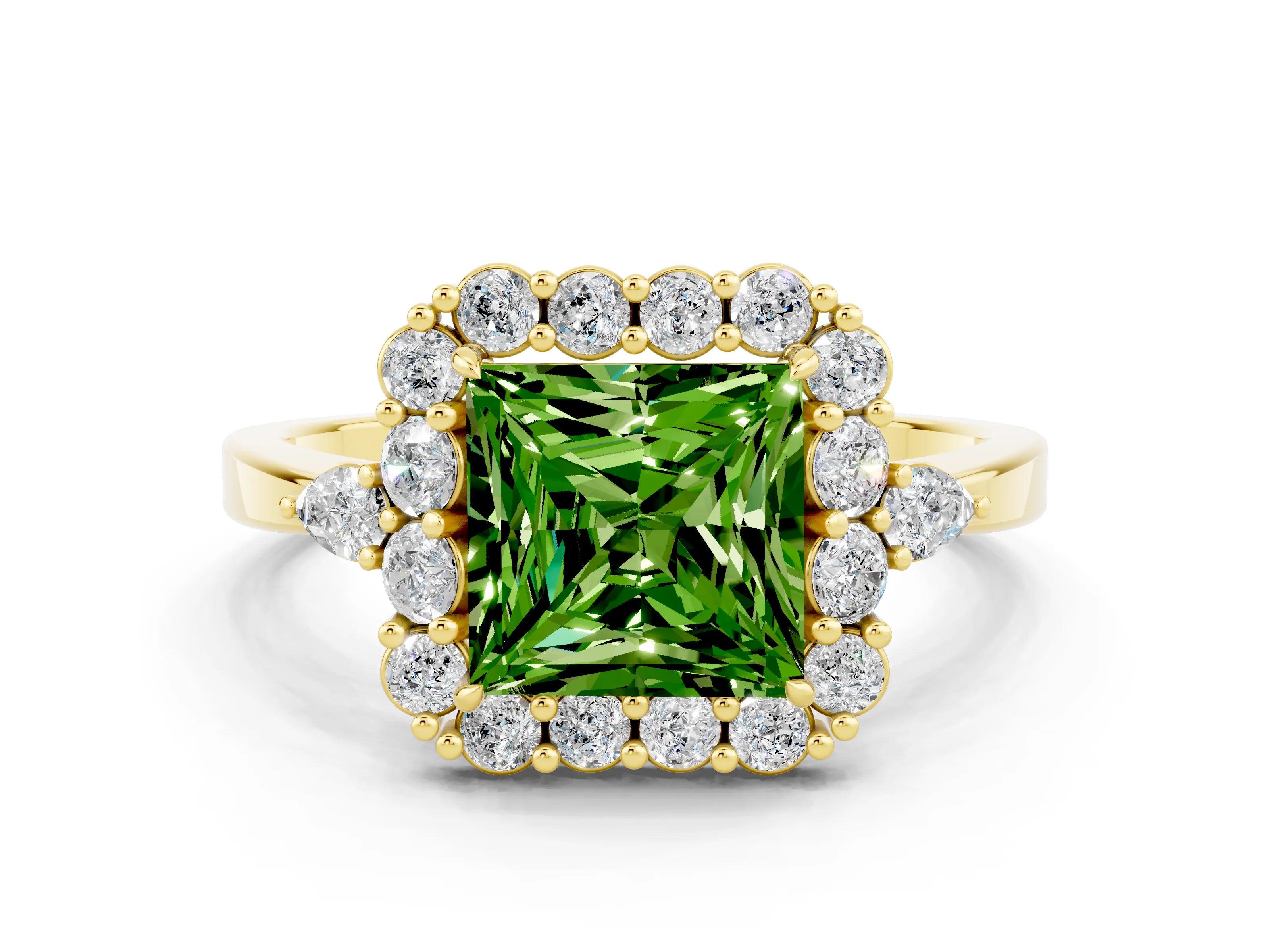 Yellow gold Princess Cut Peridot Halo Ring with Pear Side Stones and Prong Setting_12