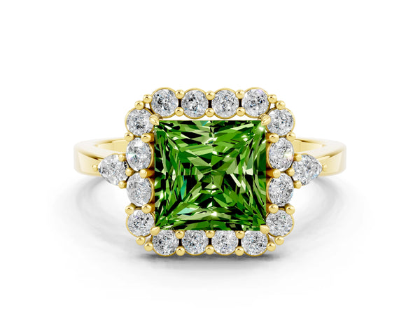 Yellow gold Princess Cut Peridot Halo Ring with Pear Side Stones and Prong Setting