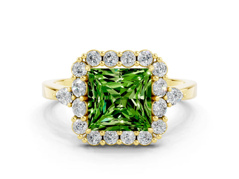 Yellow gold Princess Cut Peridot Halo Ring with Pear Side Stones and Prong Setting_12