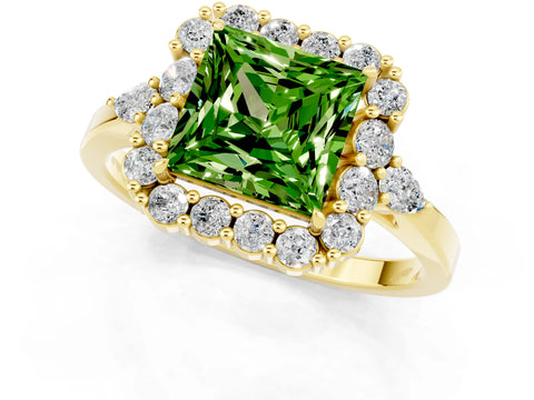 Yellow gold Princess Cut Peridot Halo Ring with Pear Side Stones and Prong Setting_13