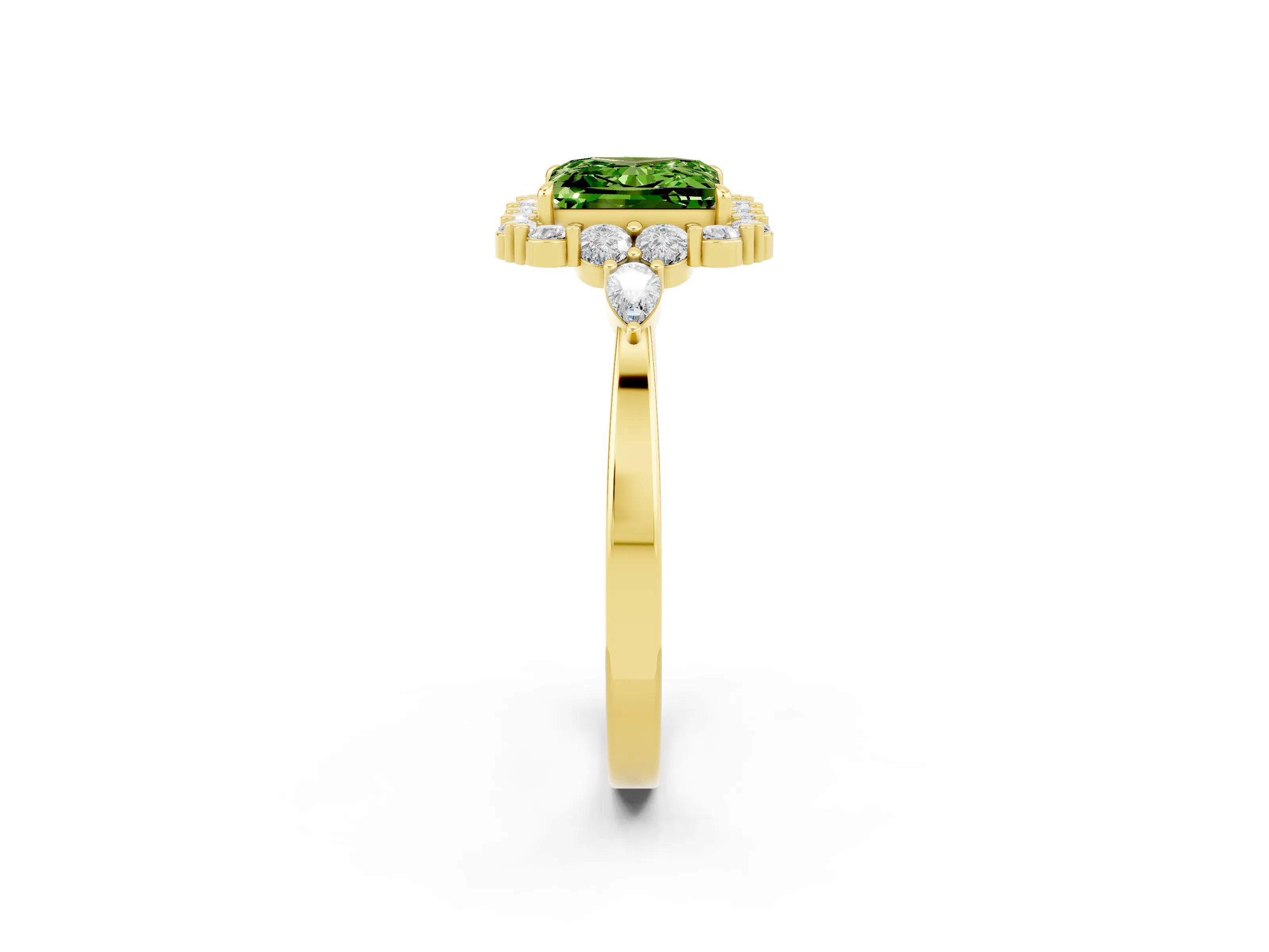 Yellow gold Princess Cut Peridot Halo Ring with Pear Side Stones and Prong Setting_14