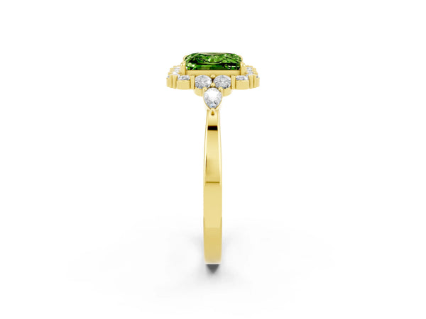 Yellow gold Princess Cut Peridot Halo Ring with Pear Side Stones and Prong Setting