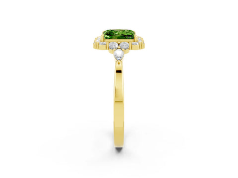 Yellow gold Princess Cut Peridot Halo Ring with Pear Side Stones and Prong Setting_14