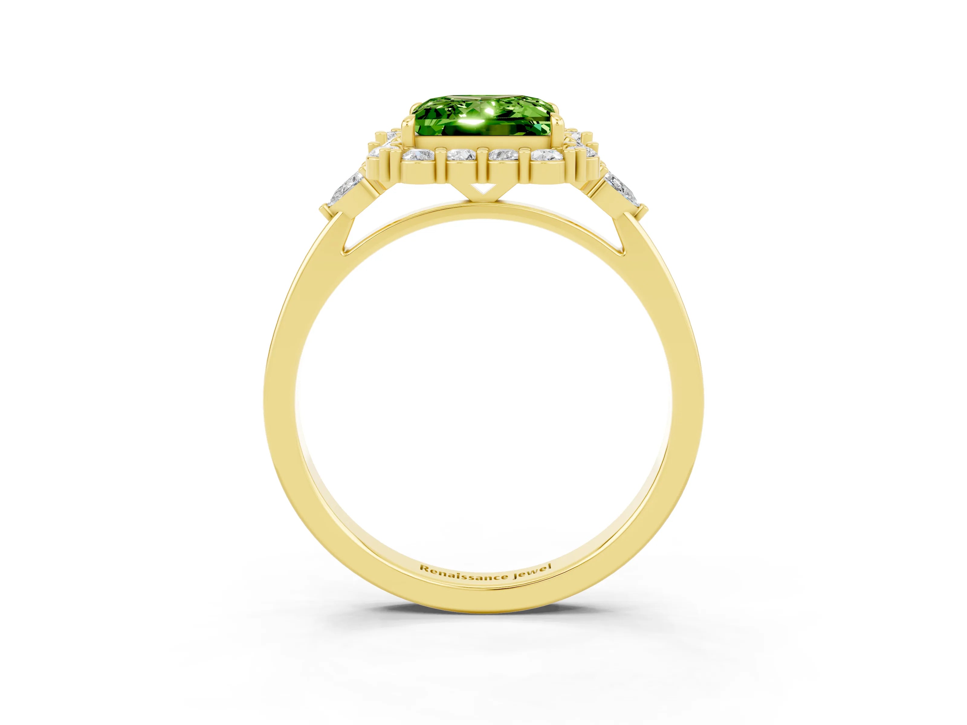 Yellow gold Princess Cut Peridot Halo Ring with Pear Side Stones and Prong Setting_15