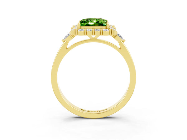 Yellow gold Princess Cut Peridot Halo Ring with Pear Side Stones and Prong Setting