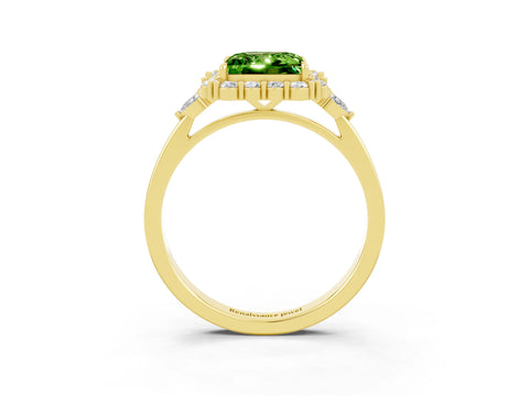 Yellow gold Princess Cut Peridot Halo Ring with Pear Side Stones and Prong Setting_15