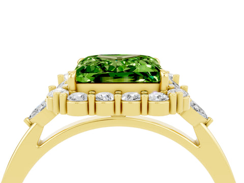 Yellow gold Princess Cut Peridot Halo Ring with Pear Side Stones and Prong Setting_16