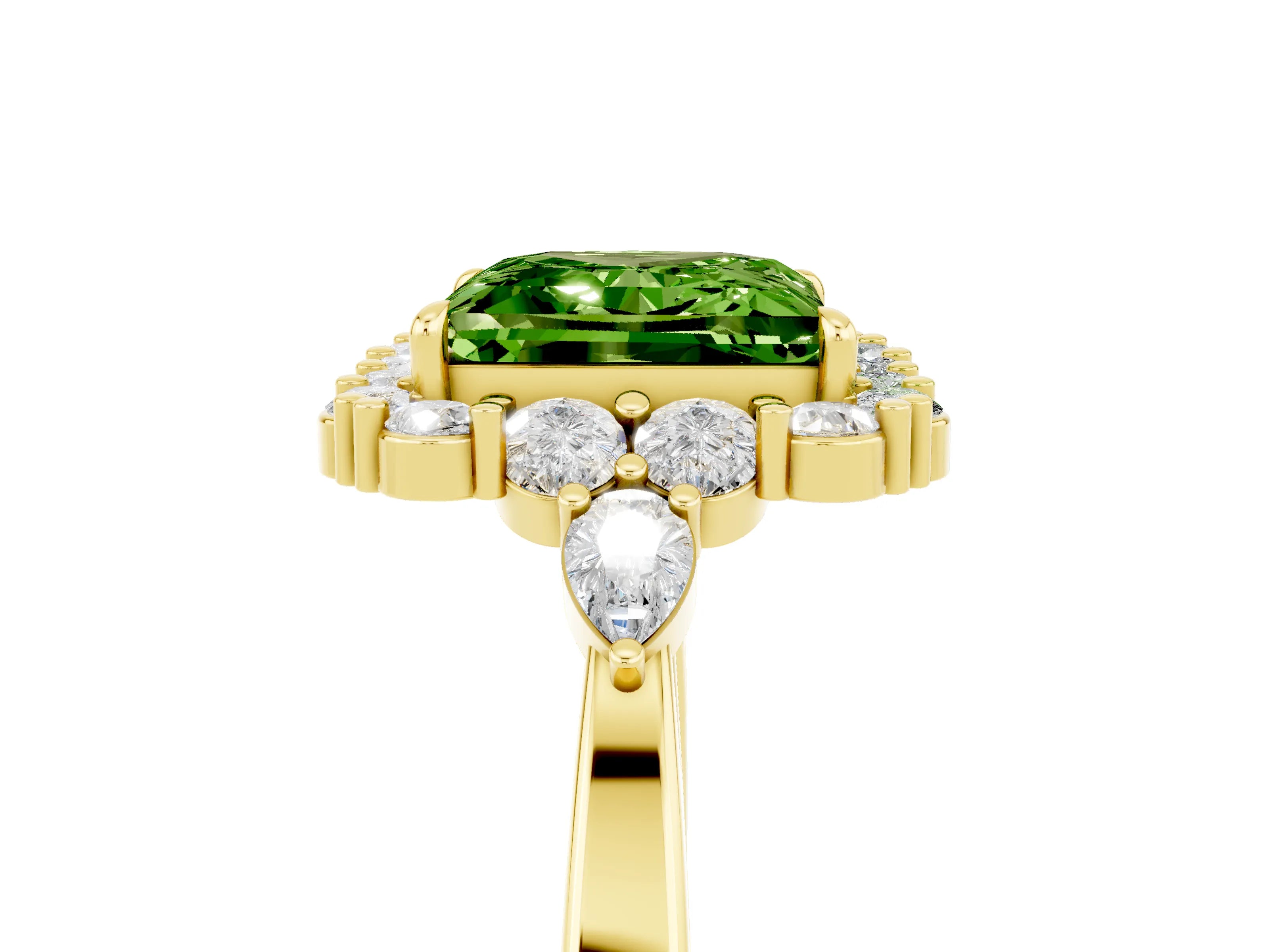 Yellow gold Princess Cut Peridot Halo Ring with Pear Side Stones and Prong Setting_17