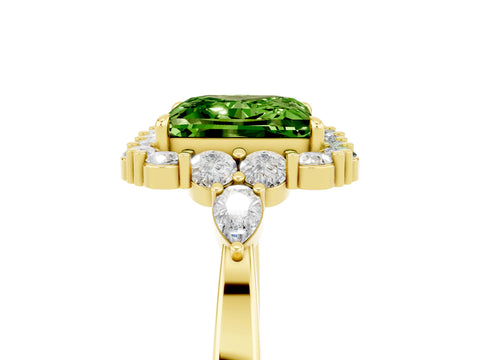 Yellow gold Princess Cut Peridot Halo Ring with Pear Side Stones and Prong Setting_17